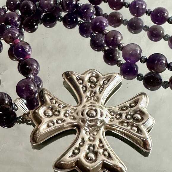 Maltese Cross Sterling Silver Genuine Ruby Tahitian Pearls Amethyst Necklace 925 - Picture 9 of 10